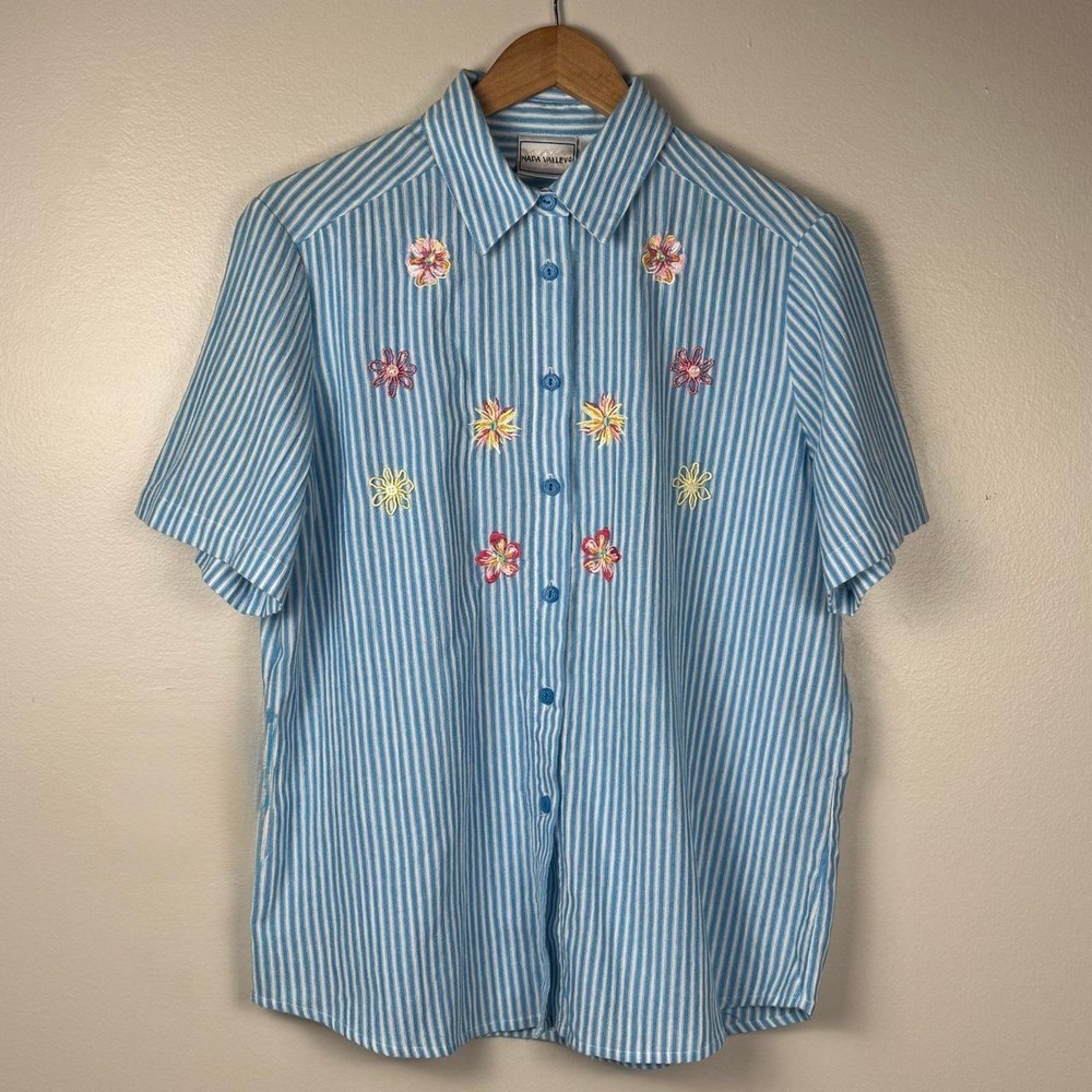 Napa Valley Vintage 90s Embroidered Floral Stripe Button Down Shirt